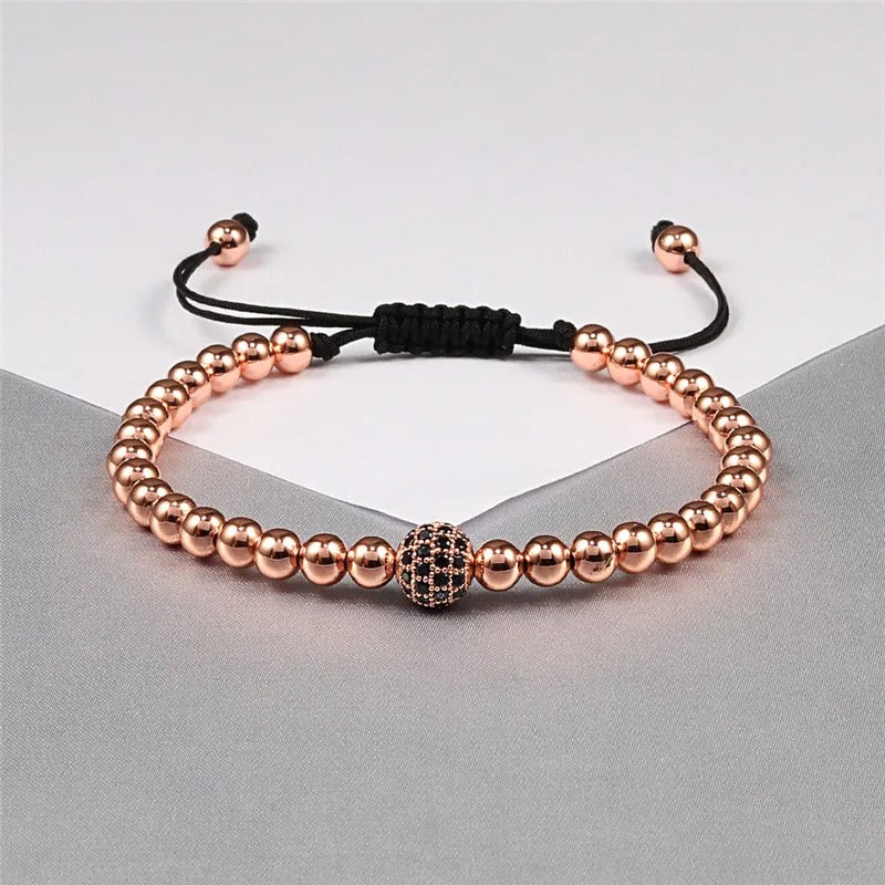 Gold Micro Pave CZ Ball Braided Bracelet Adjustable Women Jewelry
