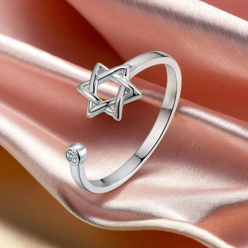 Hollow Hexagon Star of David Zircon Ring Adjustable Women