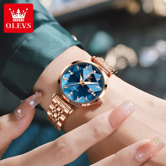 OLEVS Women’s Fashion Quartz Watch Elegant Rhombic Mirror Design, Waterproof Wristwatch with Date Display