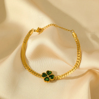 Green Crystal Clover Bracelet Bangle Stainless Steel Women Jewelry