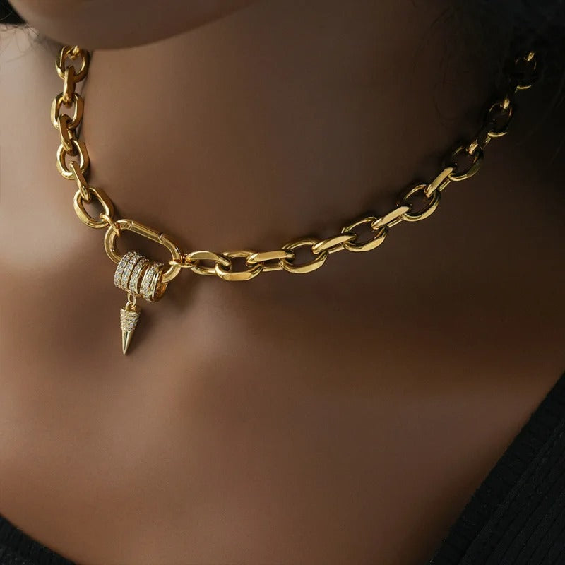 18K Gold Plated Zircon Choker Necklace Stainless Steel Oval Link Jewelry