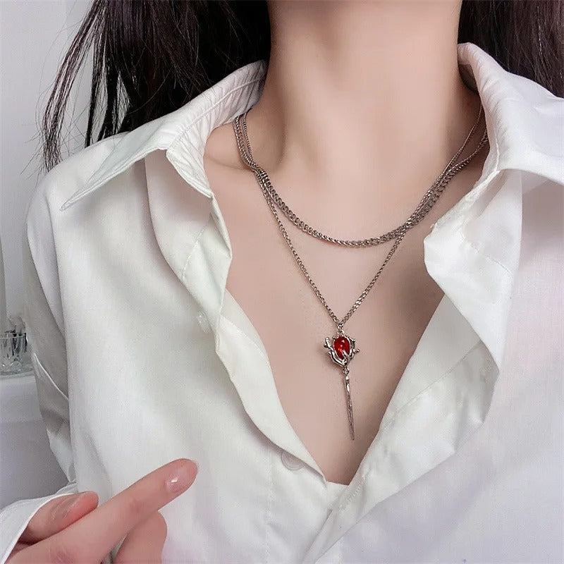 Double Layer Red Zircon Rose Necklace Y2K Floral Jewelry