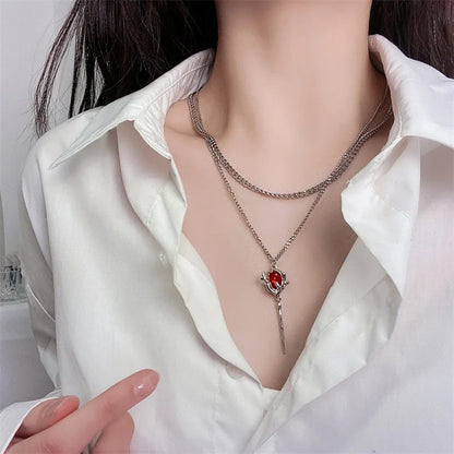 Double Layer Red Zircon Rose Necklace Y2K Floral Jewelry