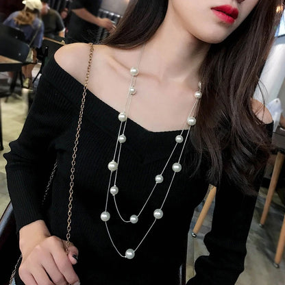 2025 New Long Double Layer Simulated Pearl Necklace Women Sweater Chain Female Collars Statement Jewelry Gifts