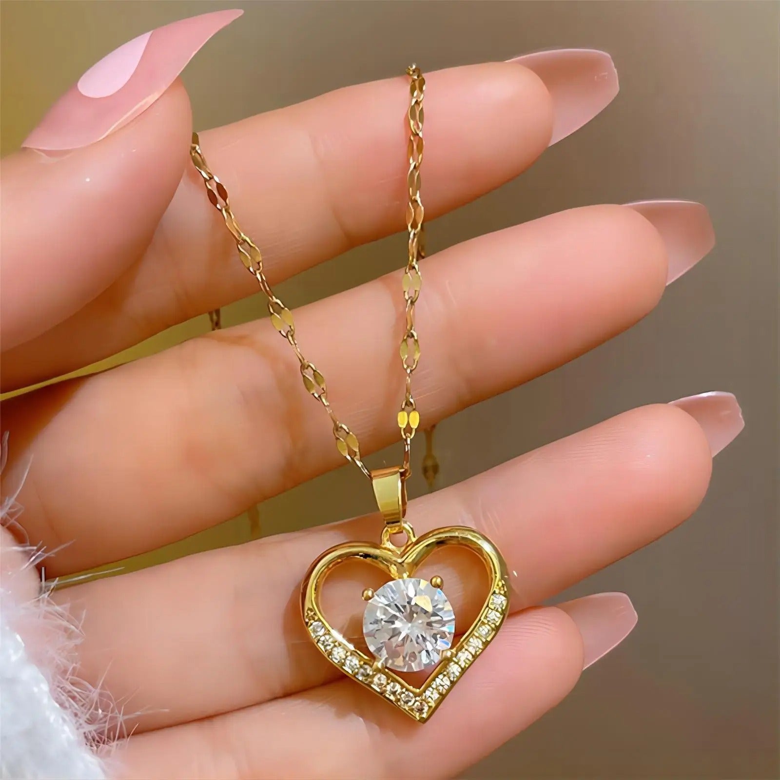 Trendy Heart Stainless Steel Zirconia Necklaces For Women Girls Love Gold Color Metal Necklace Party Daily Jewelry