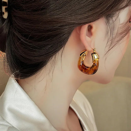 Retro Brown Resin U-Shaped Hoop Earrings for Women Simple Metal Jewelry Gift