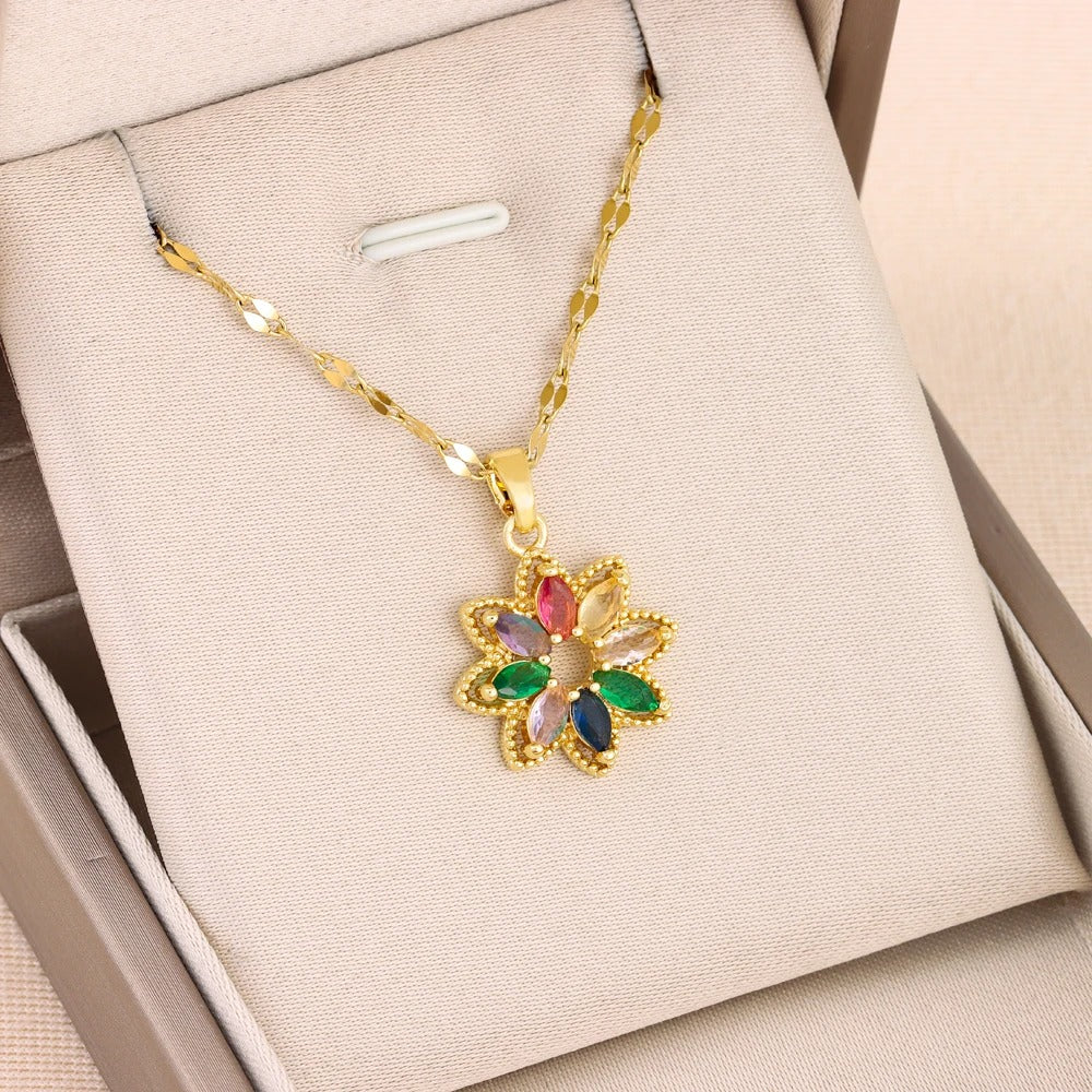 New In Fashion 7 Colors Zircon Crystal Flower Pendant Necklaces For Women Trendy Female Stainless Steel Chain Ladies Accessories