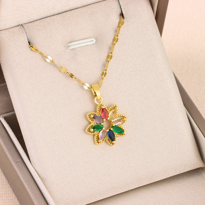 New In Fashion 7 Colors Zircon Crystal Flower Pendant Necklaces For Women Trendy Female Stainless Steel Chain Ladies Accessories