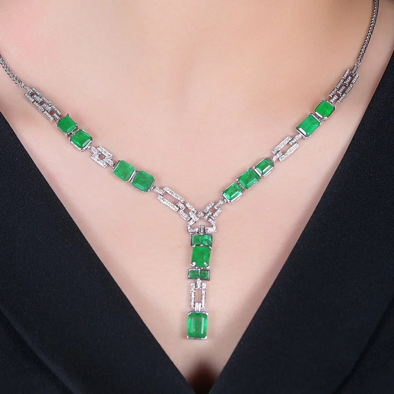 Luxury Silver Color Square Female Necklaces with Emerald And Zircon High End Banquet Cocktail Party Wear Jewelry Necklace