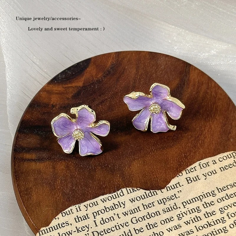 Purple Flower Stud Earrings Women Curled Petals Wedding Jewelry