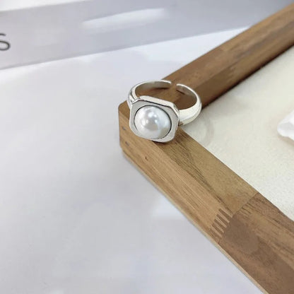925 Sterling Silver Geometry Pearl Ring for Women Girl Gift Korean Versatile Finger Jewelry