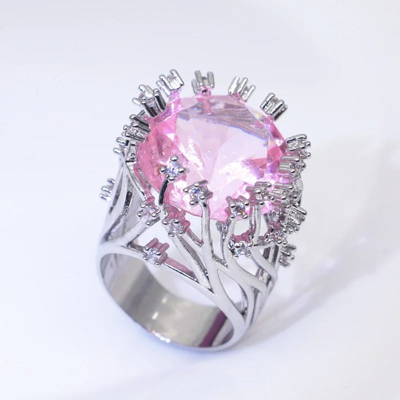 New 925 Silver Pink Crystal Zircon Exaggerated Ring Women