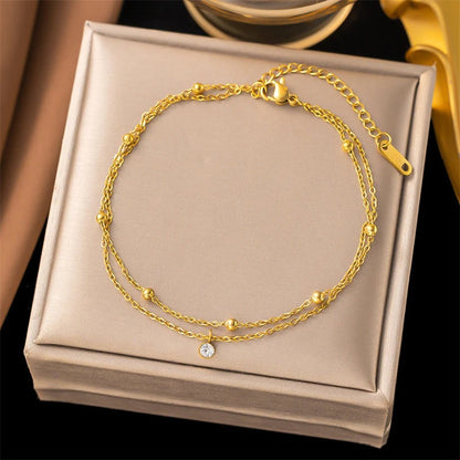 Minimalist Beaded Zircon Charm Double Layer Anklet Women