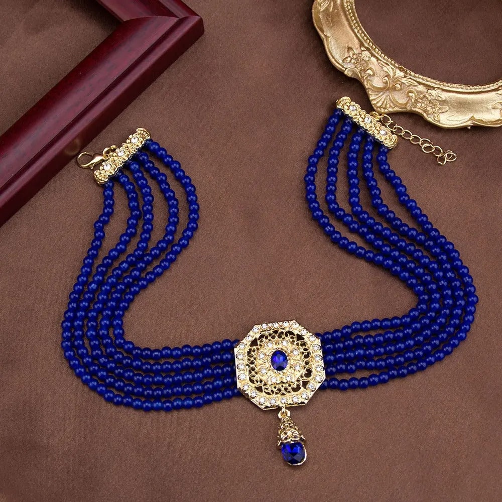 Sunspicems Chic Morocco Jewelry Bead Chain Choker Necklace For Women Gold Color Square Mesh Pendnat Arabic Bridal Wedding Bijoux