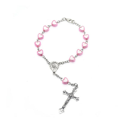 Religious Cross Pendant Pink Heart Plastic Beads Rosary Bracelets