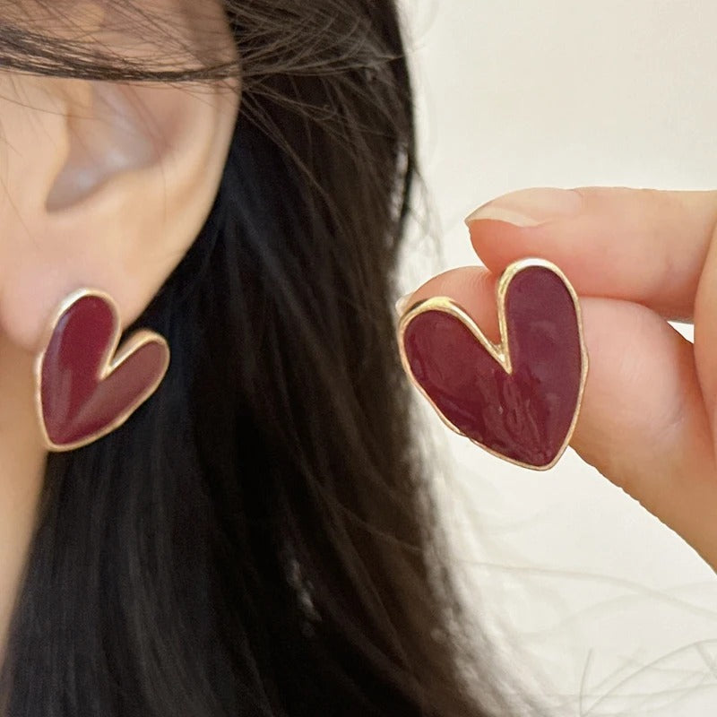 Cute Red Heart Stud Earrings Golden Metal Trendy Jewelry Women