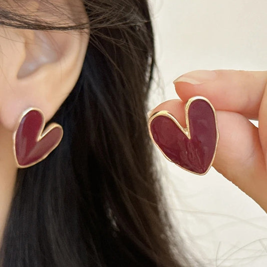 Cute Red Heart Stud Earrings Golden Metal Trendy Jewelry Women