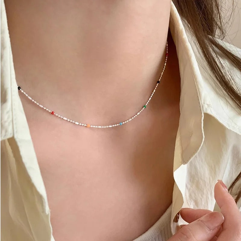 Women’s Sterling Silver Choker Necklace Multicolor Beads