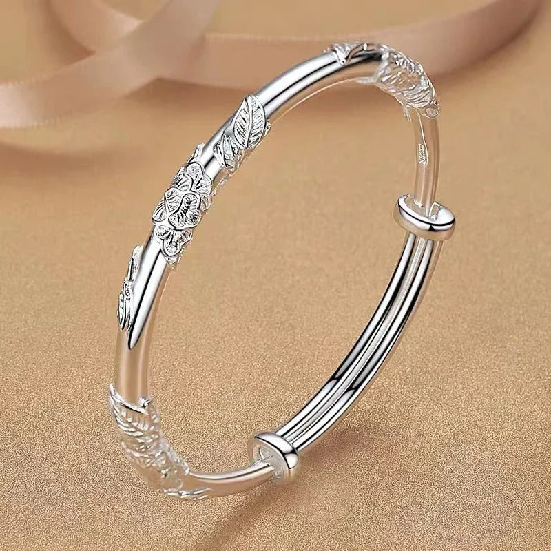 925 Sterling Silver Flower Bangle Women’s Adjustable Bracelet