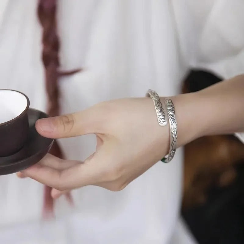 Vintage 925 Thai Silver Lotus Flower Cuff Bracelet Adjustable Buddhist Bangle for Women