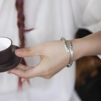 Vintage 925 Thai Silver Lotus Flower Cuff Bracelet Adjustable Buddhist Bangle for Women