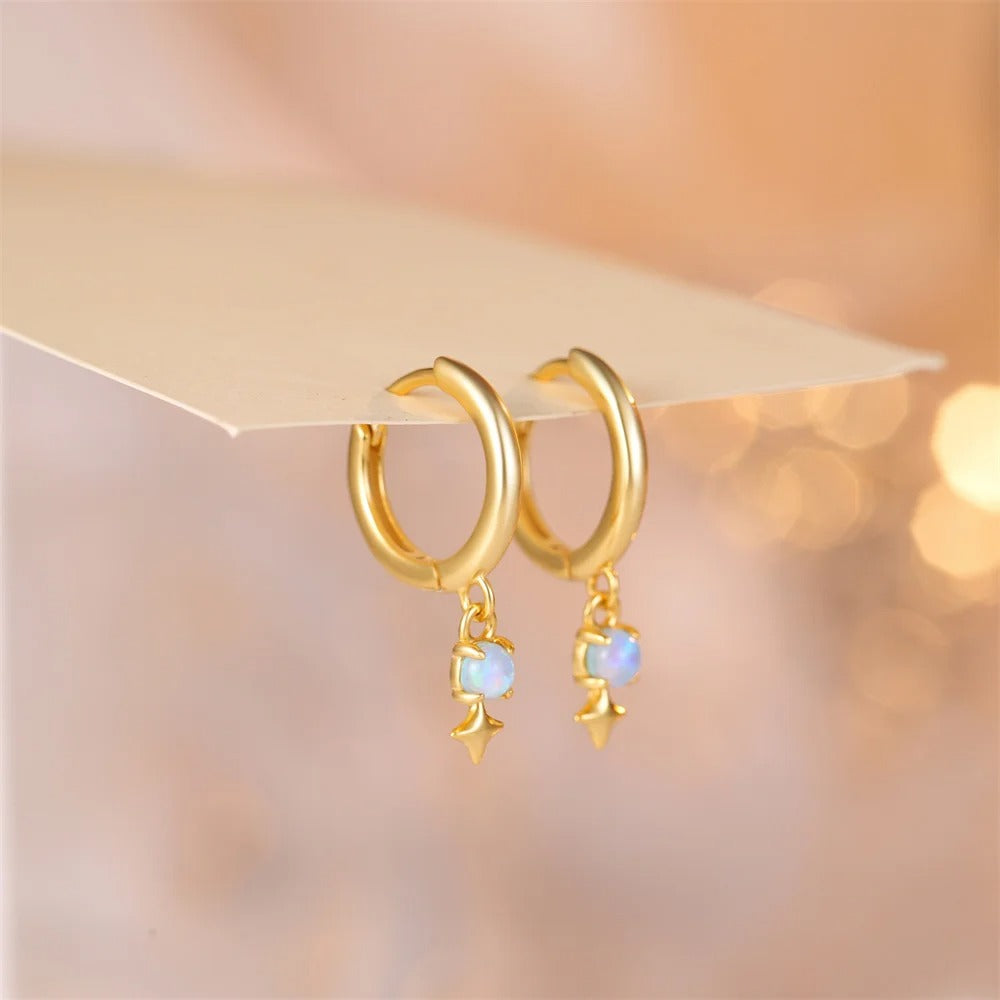 White Opal Drop Hoop Earrings 925 Sterling Silver for Women