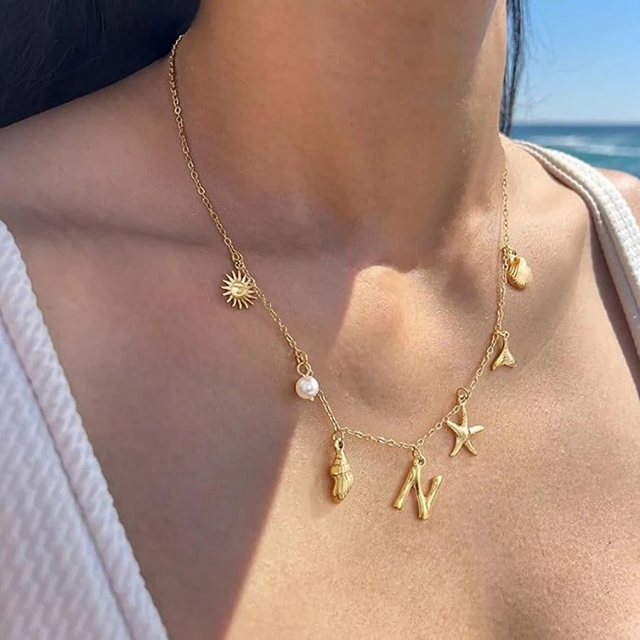 Stainless Steel Starfish Sea Shell Necklaces Women Waterproof 26 Initial Multi-Pendant Necklace Summer Beach Jewelry