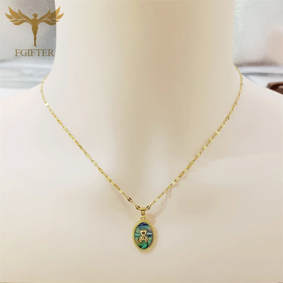 Cute Little Bear Natural Abalone Shell Oval Dangle Necklace Stainless Steel Copper Chain Temperament Jewelry Vacation Party Gift