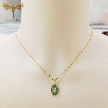 Cute Little Bear Natural Abalone Shell Oval Dangle Necklace Stainless Steel Copper Chain Temperament Jewelry Vacation Party Gift