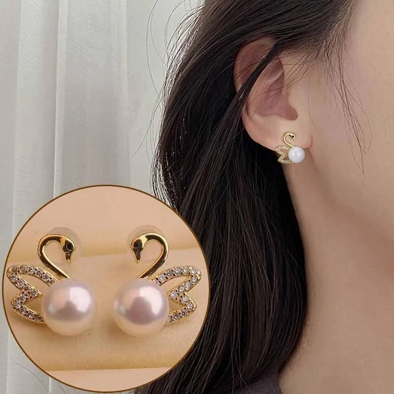 Korean 925 Silver Swan Earrings Hollow Crystal Pearl Studs