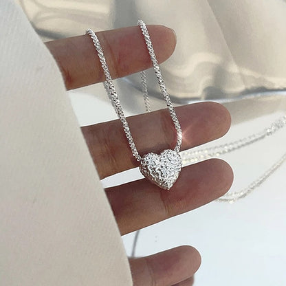 Women's Silver Heart Necklace Hammer Pattern Love Pendant Gift Jewelry