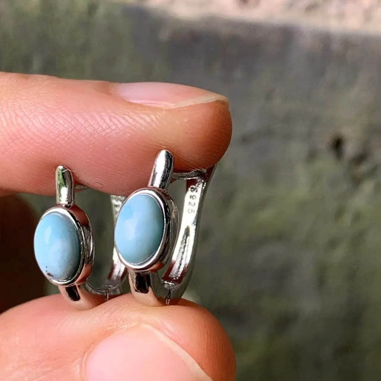 Natural Larimar Hoop Earrings 925 sterling silver Simple Classic Round Circle Gemstone Jewelry