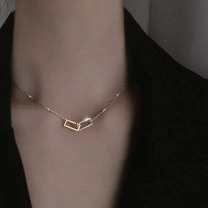 New 925 Sterling Silver Geometric Necklace Shiny Rectangle Pendant Set with Cubic Zirconia Necklace for Girls Fine Jewelry