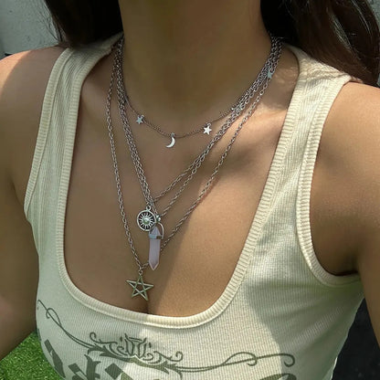 4Pcs Ethnic Pink Crystal Star Pentagram Pendant Choker Necklace for Women Elegant Moon Tassel Chain Party Jewelry Accessories