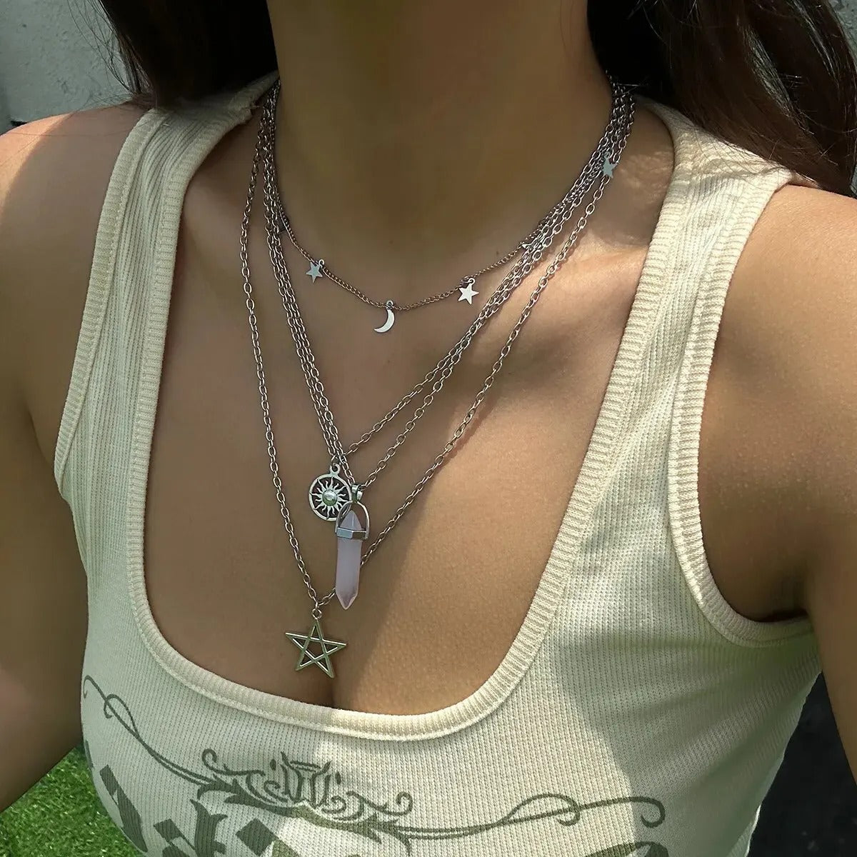 4Pcs Ethnic Pink Crystal Star Pentagram Pendant Choker Necklace for Women Elegant Moon Tassel Chain Party Jewelry Accessories