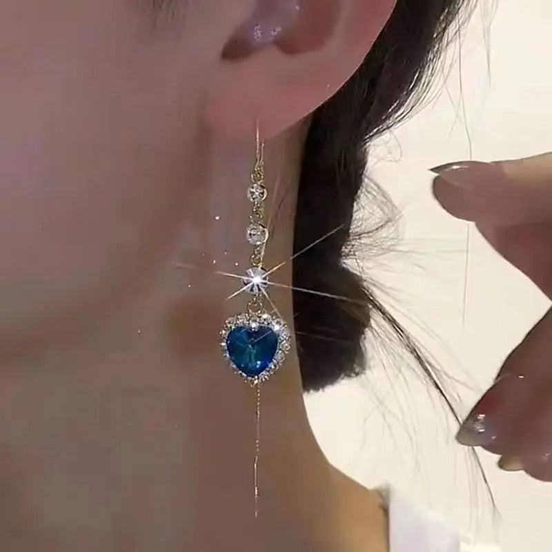 Blue Heart Zircon Tassel Earrings for Women Light Luxury Dangle Jewelry