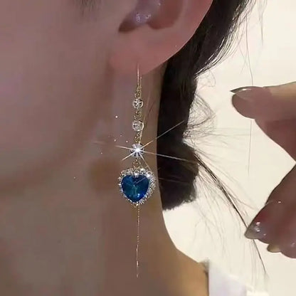 Blue Heart Zircon Tassel Earrings for Women Light Luxury Dangle Jewelry