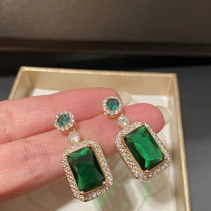 Elegant Green Crystal Drop Earrings Women Round & Square Dangle
