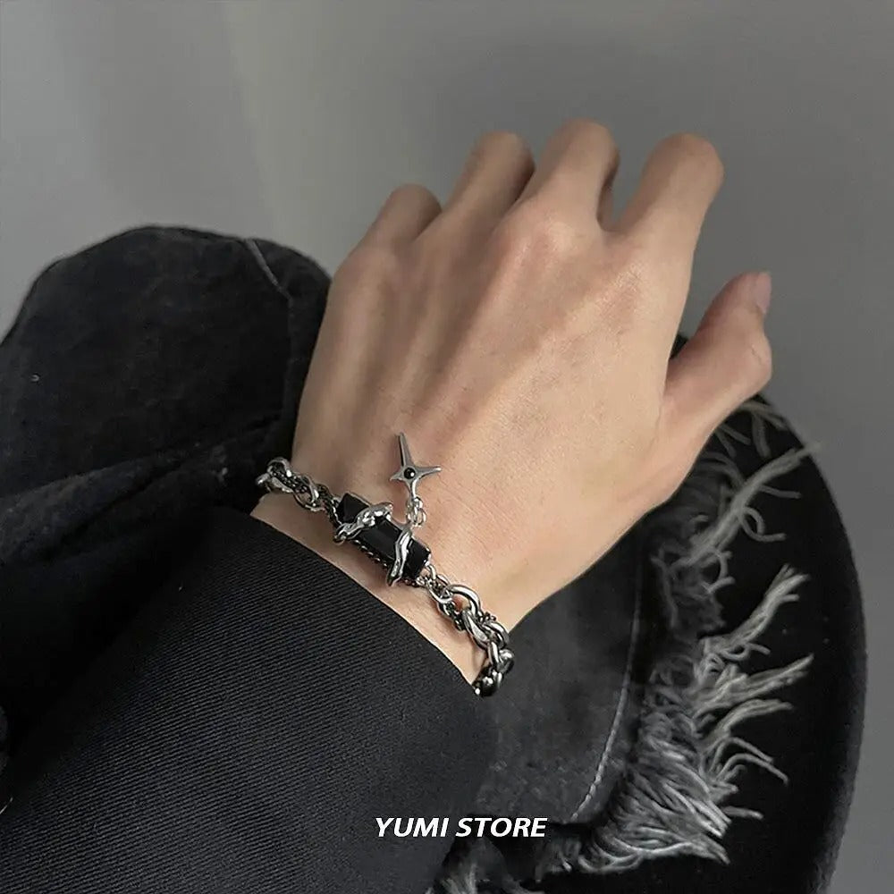 Black Zircon Star Bracelet Titanium Steel Punk Unisex Jewelry