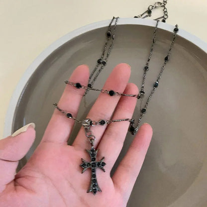 Summer Black Rhinestone Cross Jesus Pendant Choker Necklace for Women Punk Vintage Double Layers Chain 2025 Neck Boho Jewelry
