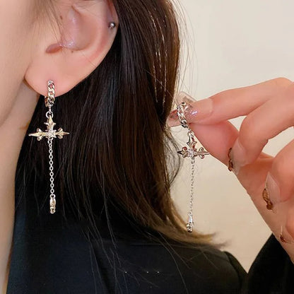 Cool Cross Earrings Rhinestone Zircon Long Tassel Y2K Jewelry for Girls