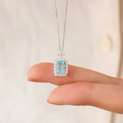 Fancy Geometric Pendant Necklace with Light Blue Cubic Zirconia Aesthetic Women's Clavicle Chain Necklace Wedding Jewelry