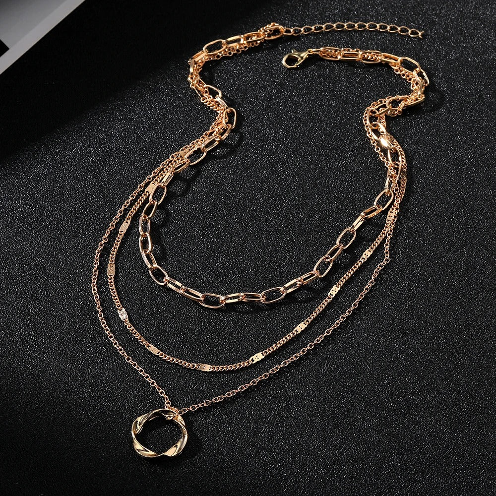 Gold Color Multi Layered Chains Necklace for Women Girls Circle Pendant Vintage Necklaces Fashion Jewelry Gifts