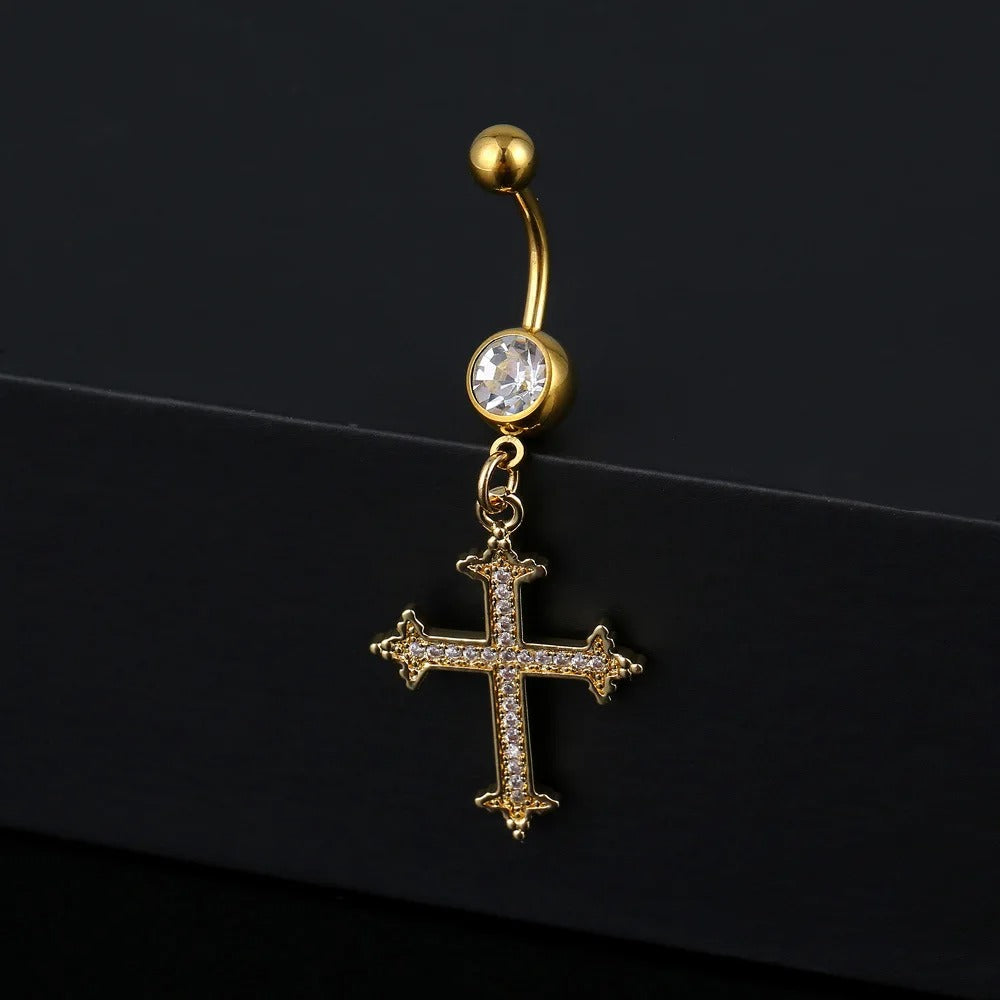 Cross Pendants Navel Rings For Women Gold Color Summer Beach Bikini White Zircon Belly Button Nail Body Piercings Jewelry