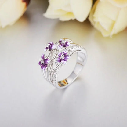 925 Sterling Silver Violet Daisies Flower Zircon Ring for Women