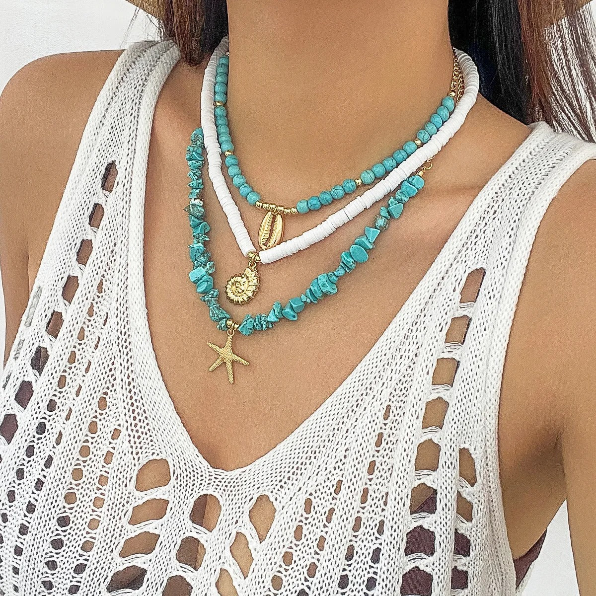 Retro Gold Color Metal Starfish Shell Conch Pendant Necklace Women 2025 Multi Layer Sweet Green Turquoise Girl Beach Jewelry
