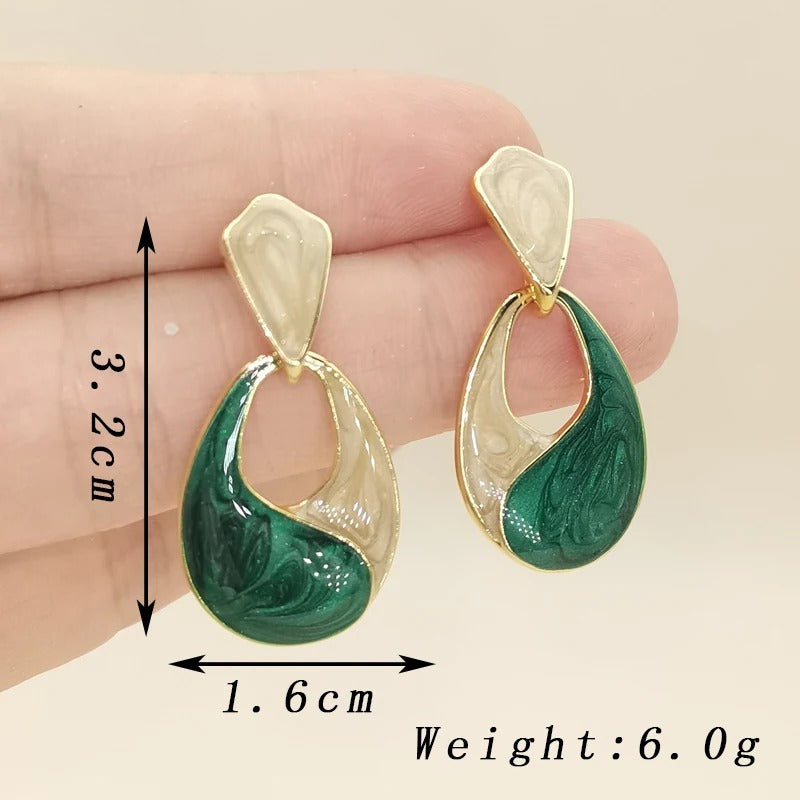 Trendy Patchwork Water Drop Earrings Green Enamel Hollow Jewelry