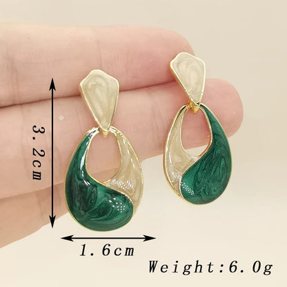 Trendy Patchwork Water Drop Earrings Green Enamel Hollow Jewelry