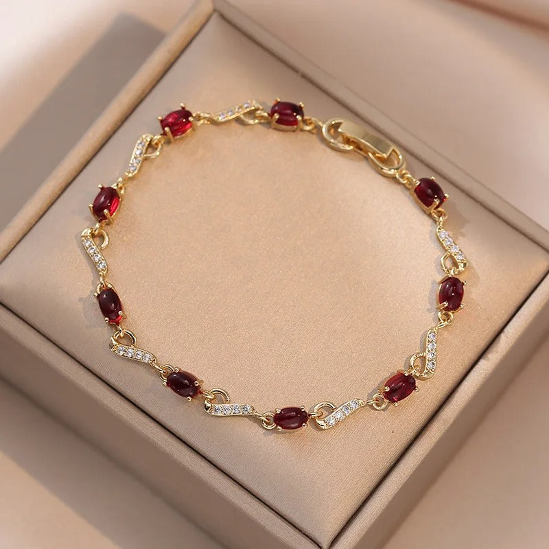 Bridal Red Stone Charm Bracelet Women Gold White Zircon Hand Chain