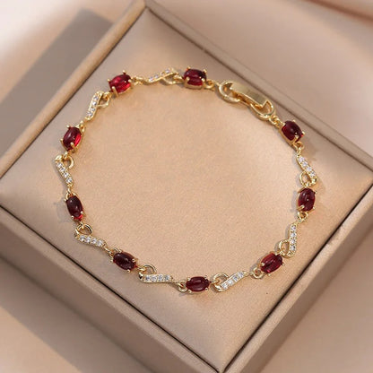 Bridal Red Stone Charm Bracelet Women Gold White Zircon Hand Chain